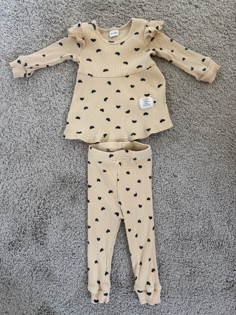 Beige Heart-Print Baby Girls Long Sleeve Matching  Set